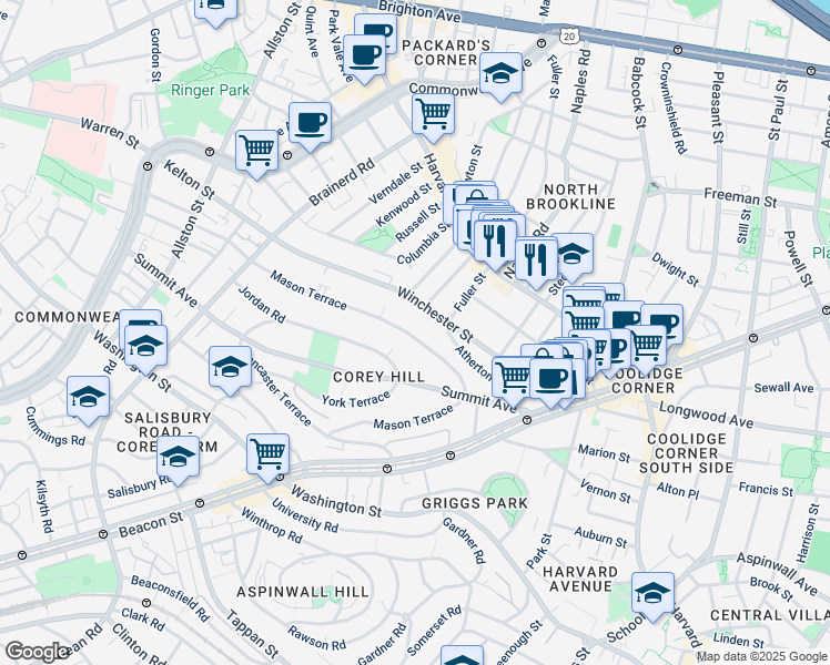 map of restaurants, bars, coffee shops, grocery stores, and more near 193 Mason Terrace in Brookline