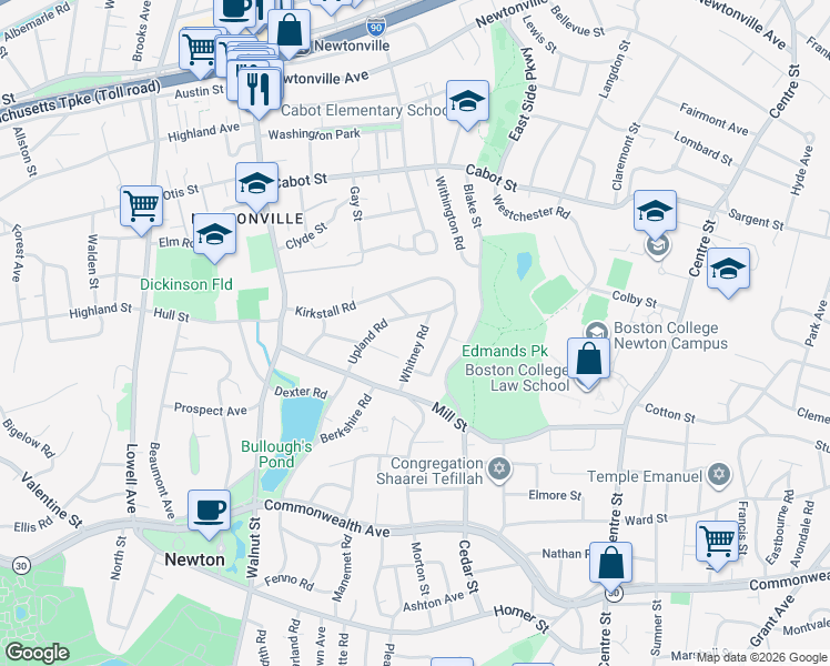 map of restaurants, bars, coffee shops, grocery stores, and more near 21 Whitney Road in Newton