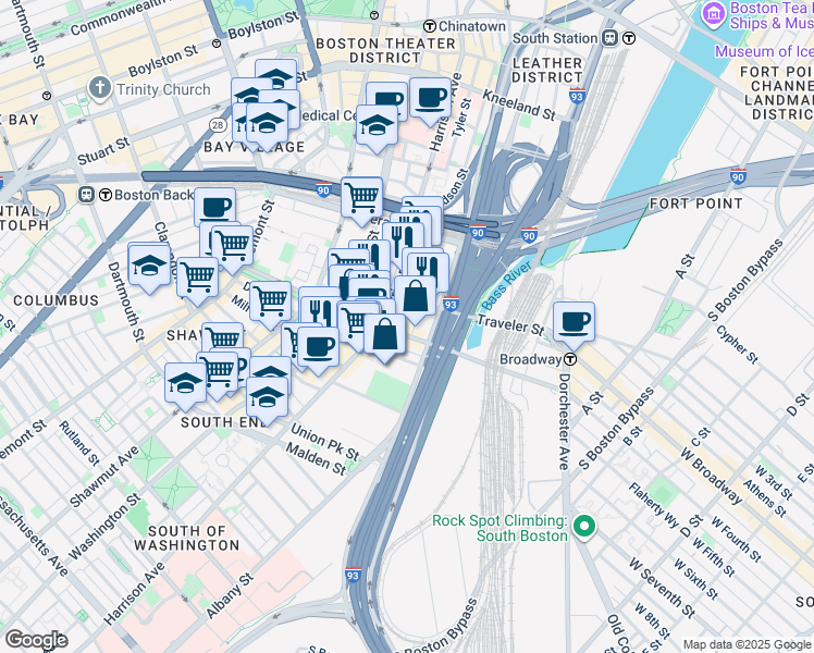 map of restaurants, bars, coffee shops, grocery stores, and more near 219 East Berkeley Street in Boston