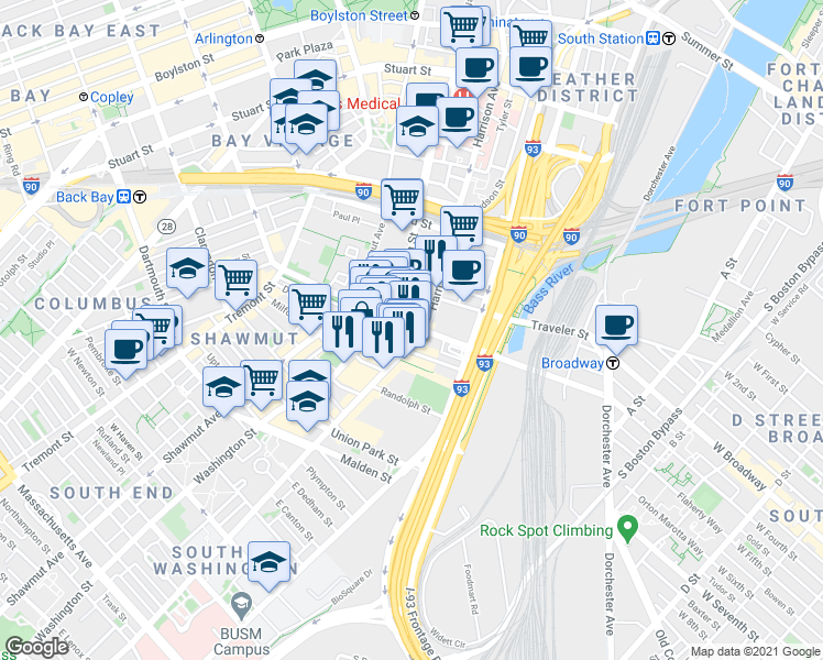map of restaurants, bars, coffee shops, grocery stores, and more near 31 Fay Street in Boston
