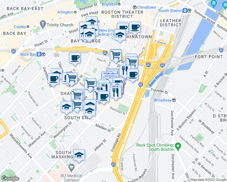 map of restaurants, bars, coffee shops, grocery stores, and more near 34 Fay Street in Boston