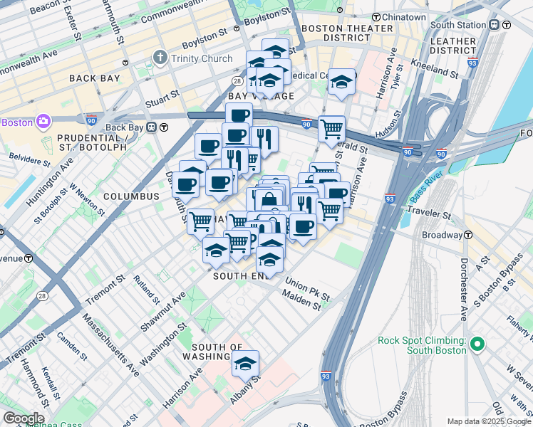 map of restaurants, bars, coffee shops, grocery stores, and more near in Boston