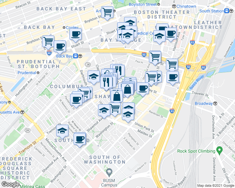 map of restaurants, bars, coffee shops, grocery stores, and more near 3 Hanson Street in Boston