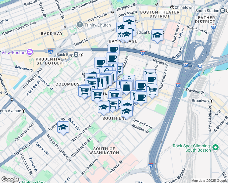 map of restaurants, bars, coffee shops, grocery stores, and more near 3 Hanson Street in Boston