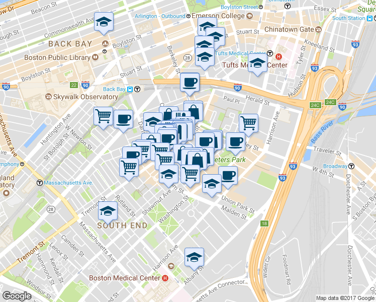 map of restaurants, bars, coffee shops, grocery stores, and more near in Boston