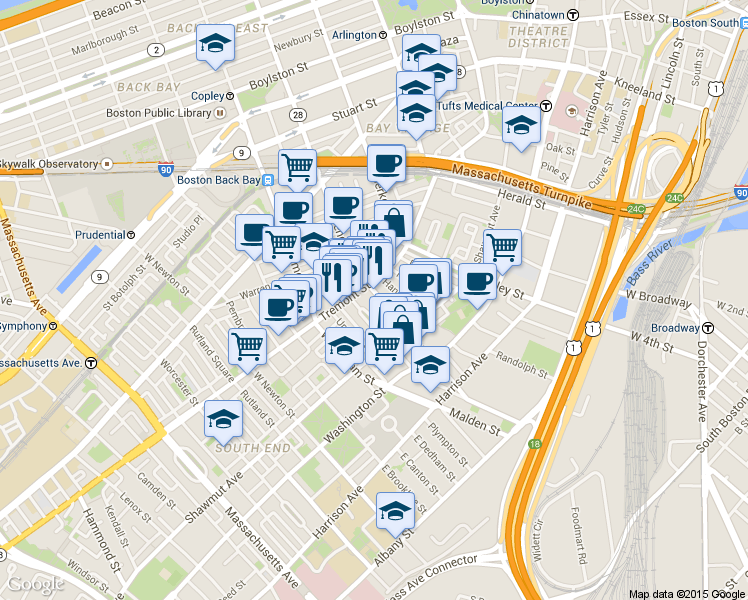 map of restaurants, bars, coffee shops, grocery stores, and more near in Boston