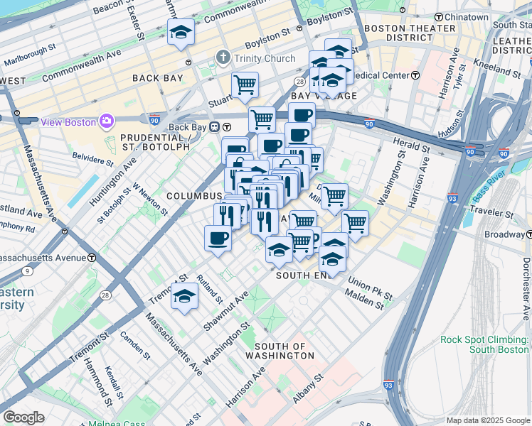 map of restaurants, bars, coffee shops, grocery stores, and more near 585 Tremont Street in Boston