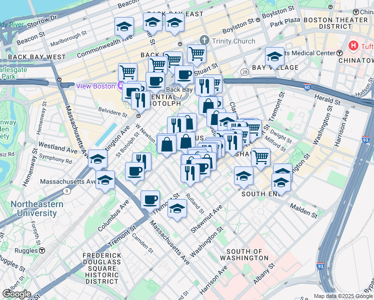 map of restaurants, bars, coffee shops, grocery stores, and more near 141 Pembroke Street in Boston