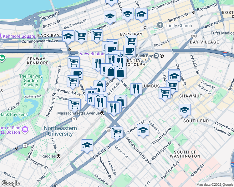 map of restaurants, bars, coffee shops, grocery stores, and more near in Boston