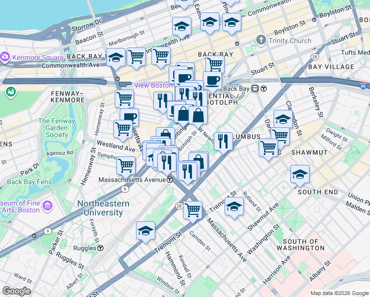 map of restaurants, bars, coffee shops, grocery stores, and more near in Boston