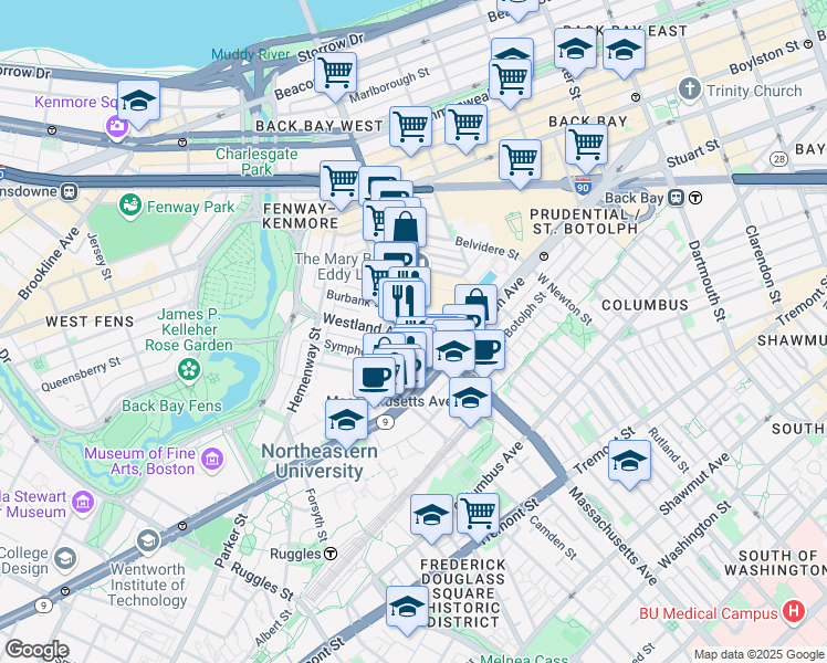 map of restaurants, bars, coffee shops, grocery stores, and more near in Boston