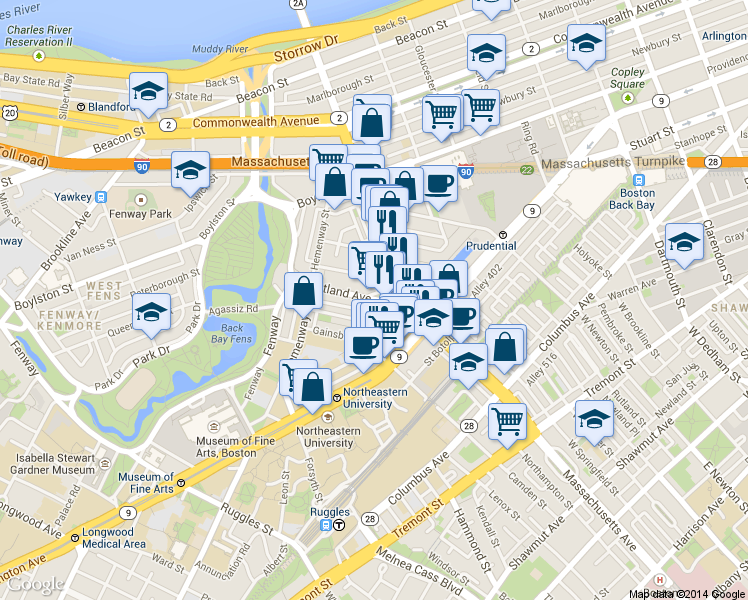map of restaurants, bars, coffee shops, grocery stores, and more near in Boston