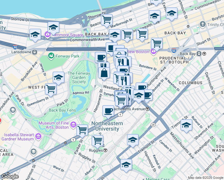map of restaurants, bars, coffee shops, grocery stores, and more near 29 Symphony Road in Boston