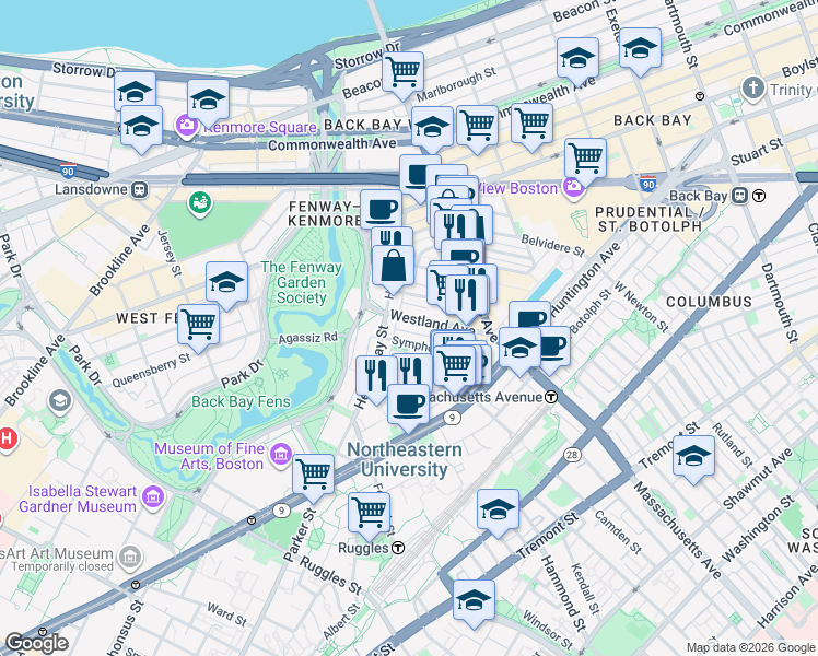 map of restaurants, bars, coffee shops, grocery stores, and more near in Boston