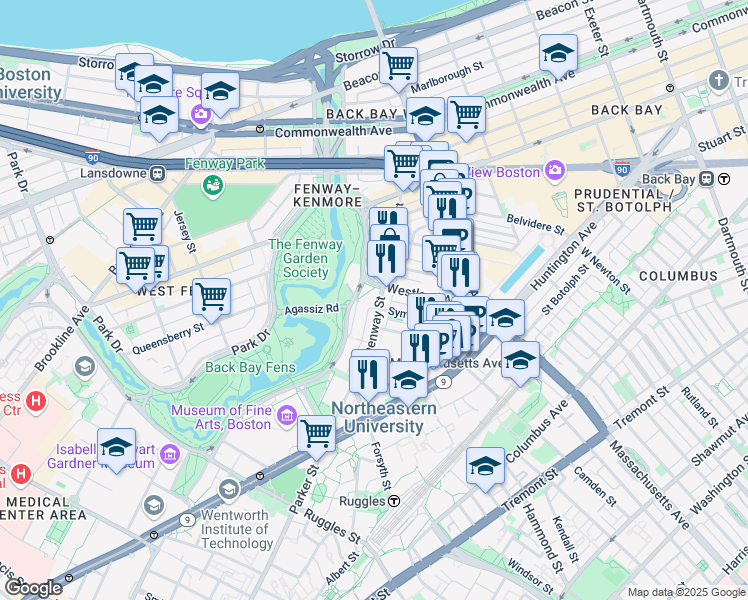 map of restaurants, bars, coffee shops, grocery stores, and more near 60 Fenway in Boston