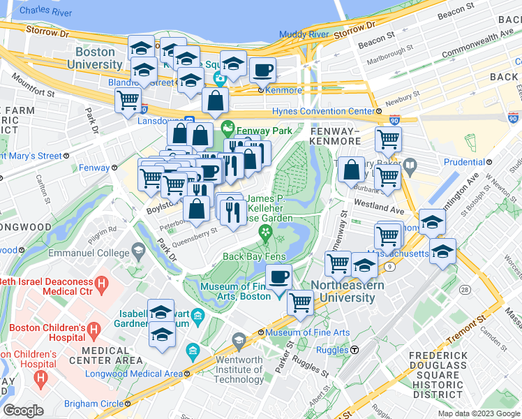 map of restaurants, bars, coffee shops, grocery stores, and more near 11 Queensberry Street in Boston