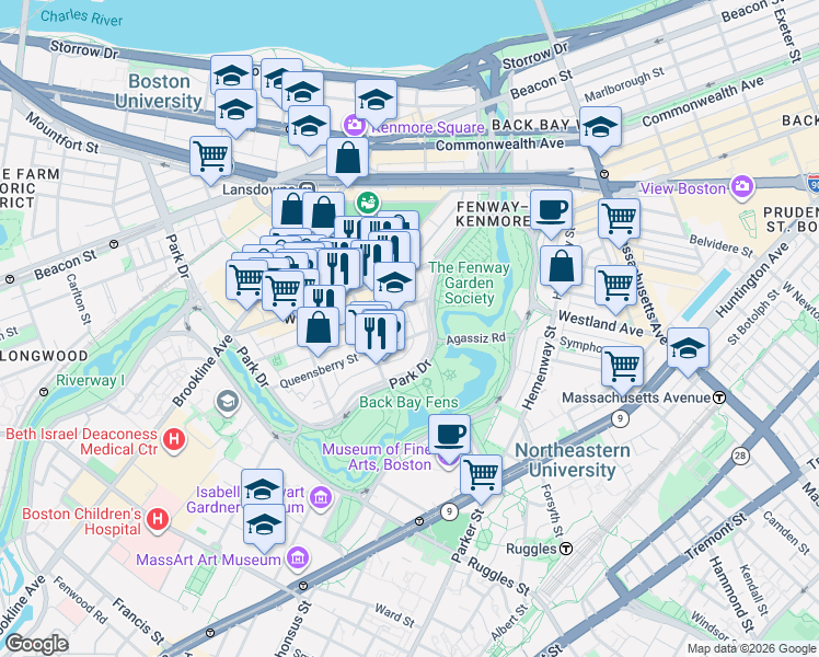 map of restaurants, bars, coffee shops, grocery stores, and more near 11 Queensberry Street in Boston
