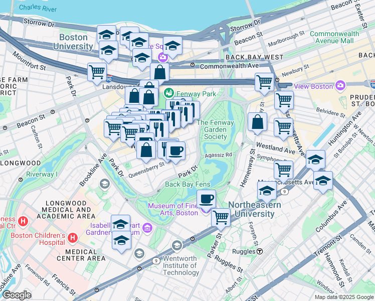 map of restaurants, bars, coffee shops, grocery stores, and more near 11 Queensberry Street in Boston