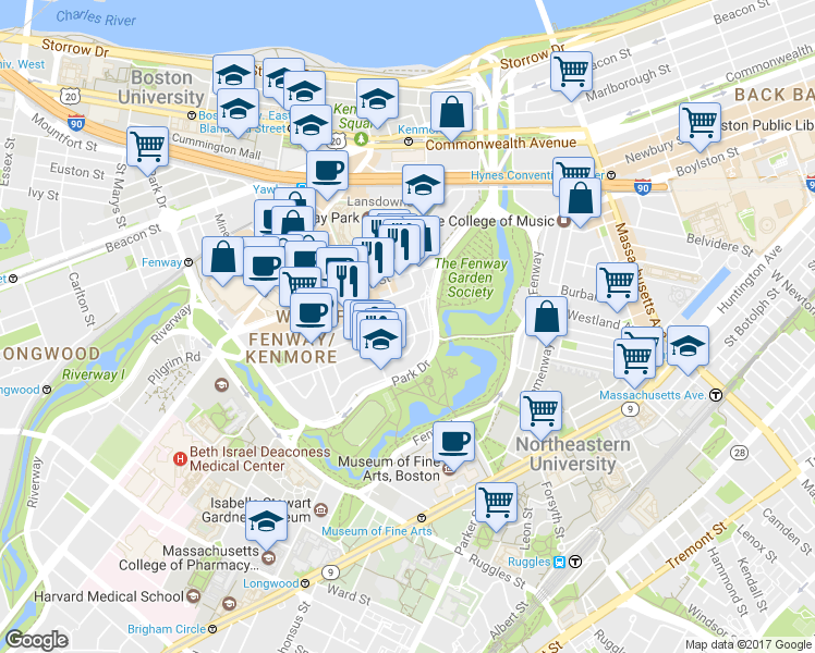 map of restaurants, bars, coffee shops, grocery stores, and more near 11 Queensberry Street in Boston