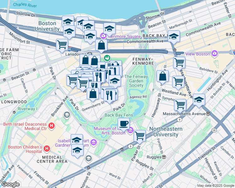 map of restaurants, bars, coffee shops, grocery stores, and more near 11 Queensberry Street in Boston