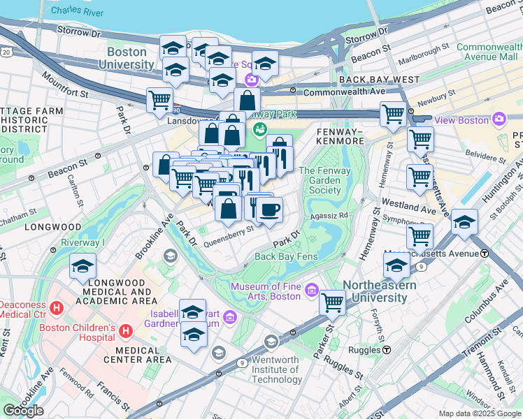 map of restaurants, bars, coffee shops, grocery stores, and more near 119 Jersey Street in Boston