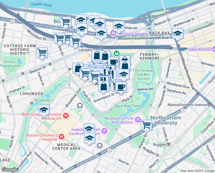 map of restaurants, bars, coffee shops, grocery stores, and more near 85 Peterborough Street in Boston