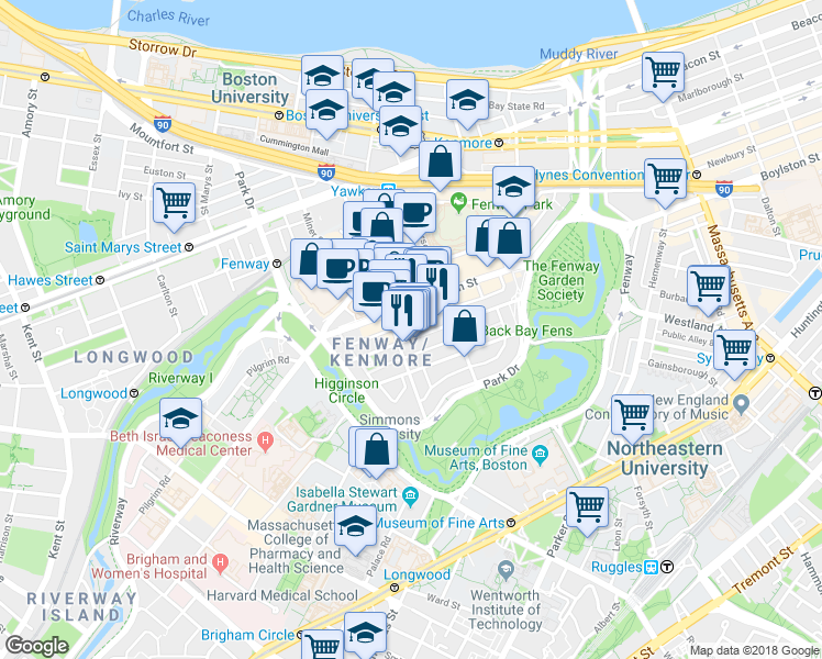 map of restaurants, bars, coffee shops, grocery stores, and more near 85 Peterborough Street in Boston
