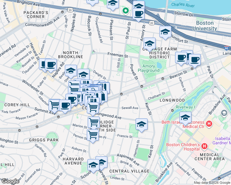 map of restaurants, bars, coffee shops, grocery stores, and more near 3 James Street in Brookline