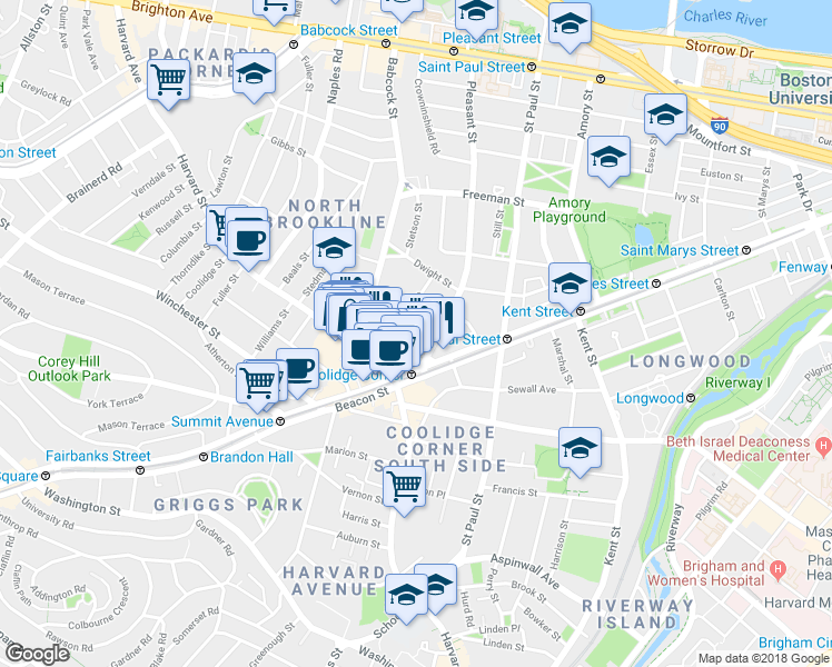 map of restaurants, bars, coffee shops, grocery stores, and more near 26 John Street in Brookline