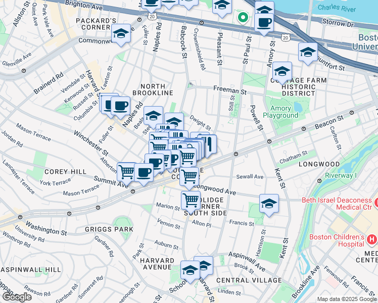 map of restaurants, bars, coffee shops, grocery stores, and more near 26 John Street in Brookline