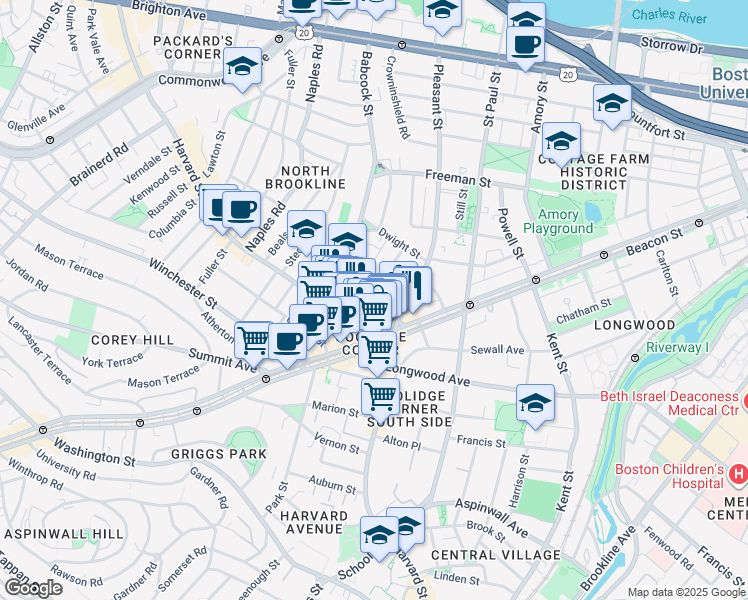 map of restaurants, bars, coffee shops, grocery stores, and more near 26 John Street in Brookline