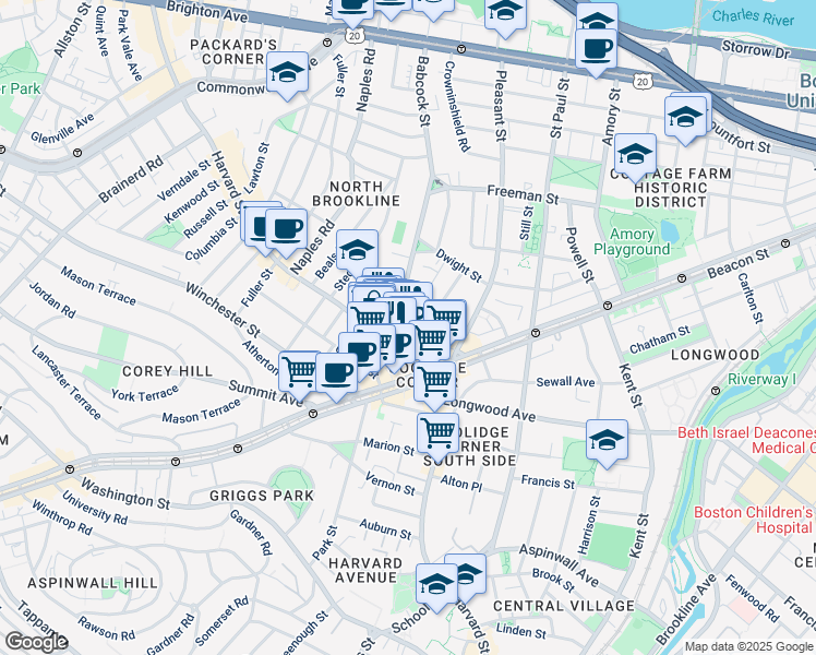 map of restaurants, bars, coffee shops, grocery stores, and more near 301 Harvard Street in Brookline