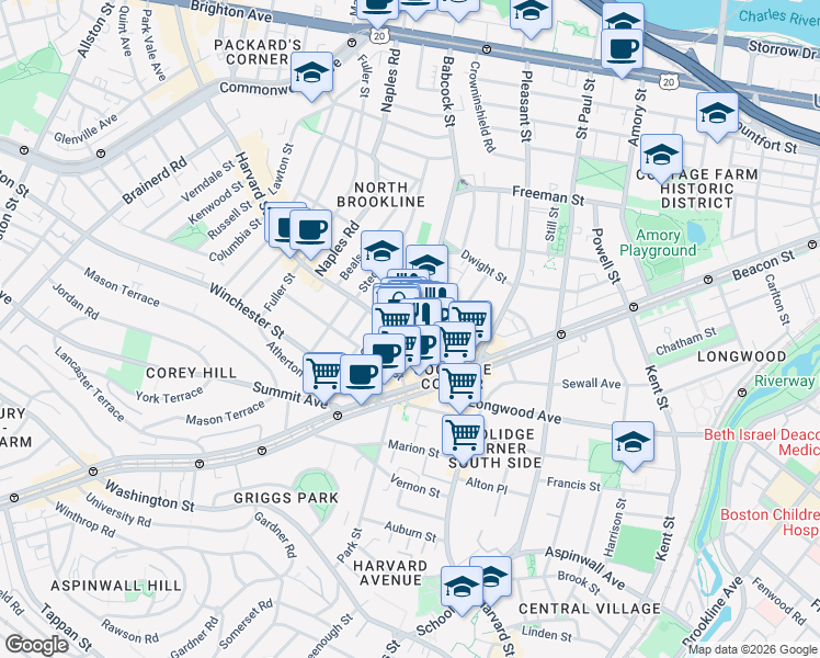 map of restaurants, bars, coffee shops, grocery stores, and more near 301 Harvard Street in Brookline