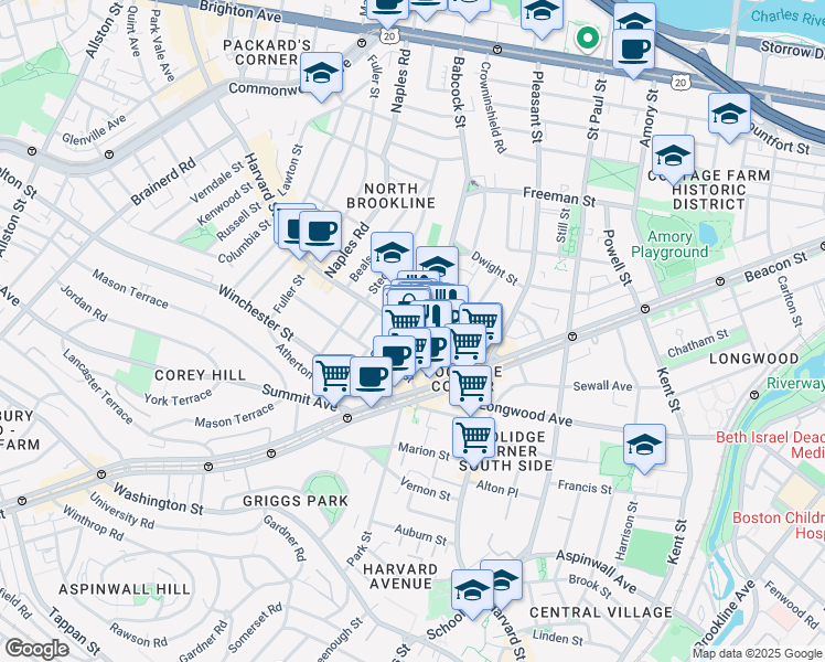 map of restaurants, bars, coffee shops, grocery stores, and more near 301 Harvard Street in Brookline