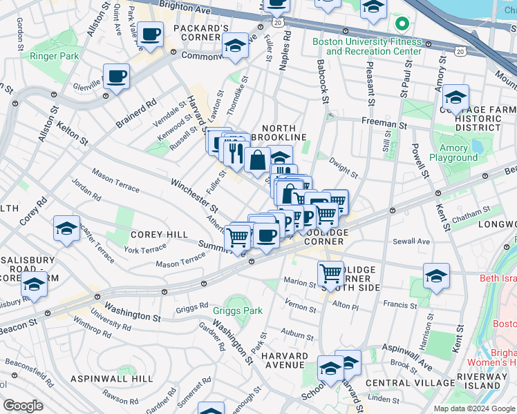 map of restaurants, bars, coffee shops, grocery stores, and more near 75 Centre Street in Brookline