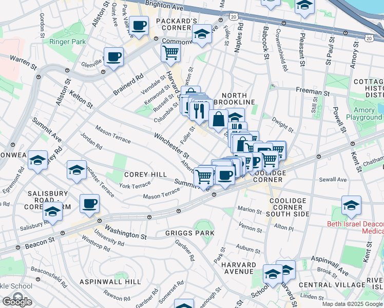 map of restaurants, bars, coffee shops, grocery stores, and more near 75 Winchester Street in Brookline