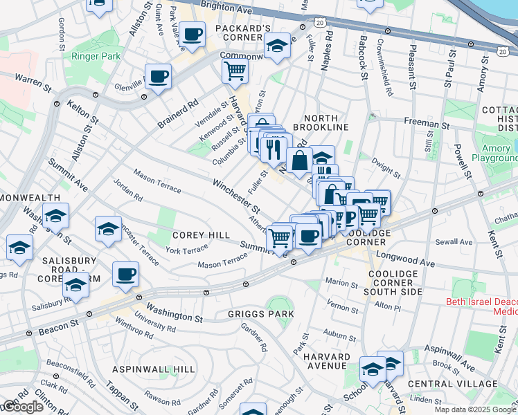 map of restaurants, bars, coffee shops, grocery stores, and more near 104 Winchester Street in Brookline