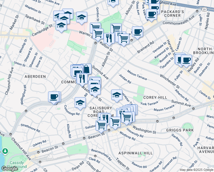map of restaurants, bars, coffee shops, grocery stores, and more near 195 Corey Road in Boston