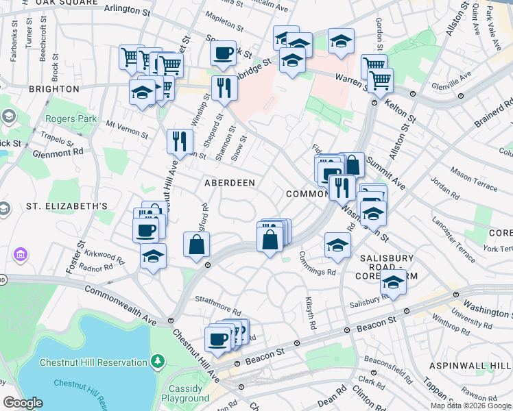 map of restaurants, bars, coffee shops, grocery stores, and more near 107 Nottinghill Road in Boston