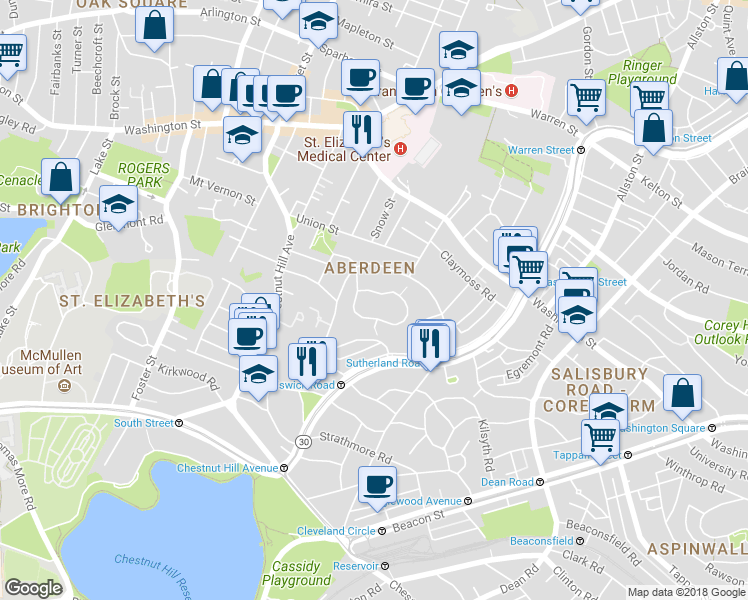 map of restaurants, bars, coffee shops, grocery stores, and more near 100 Nottinghill Road in Boston