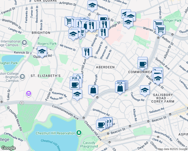 map of restaurants, bars, coffee shops, grocery stores, and more near 57 Wallingford Road in Boston