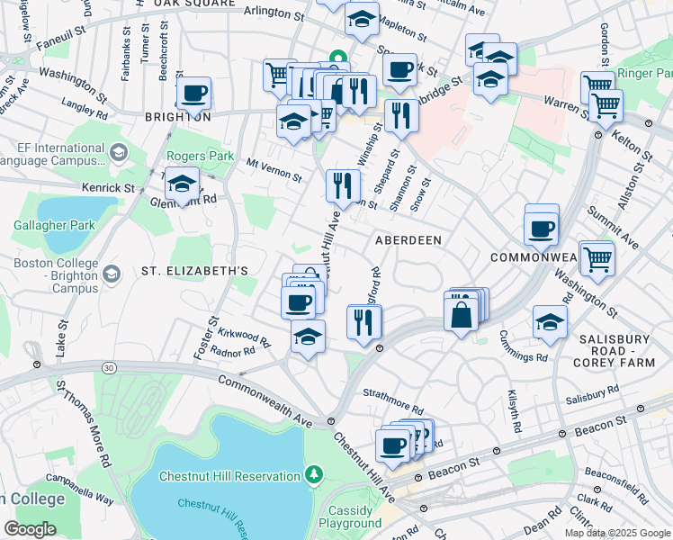 map of restaurants, bars, coffee shops, grocery stores, and more near 8 Ledgemere Road in Boston