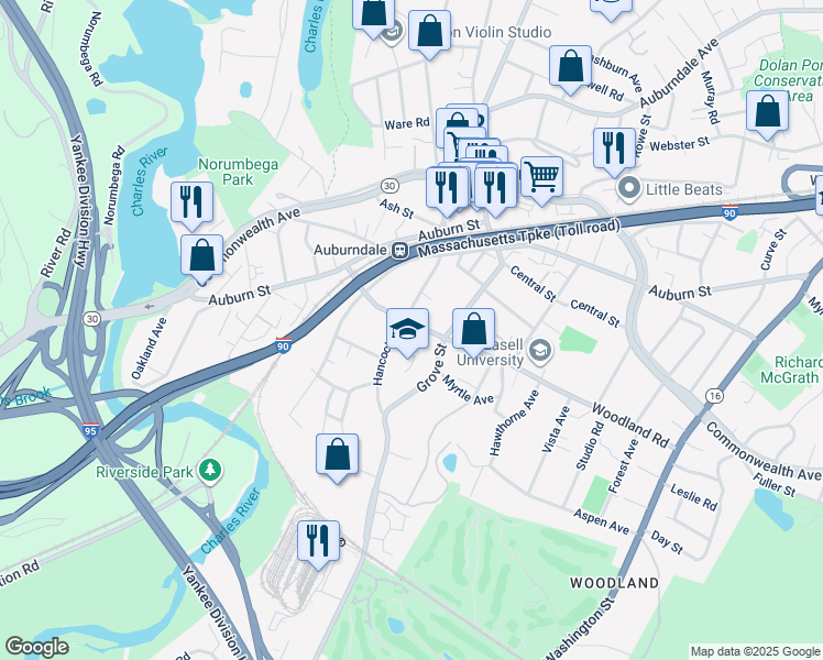 map of restaurants, bars, coffee shops, grocery stores, and more near 71 Woodland Road in Newton