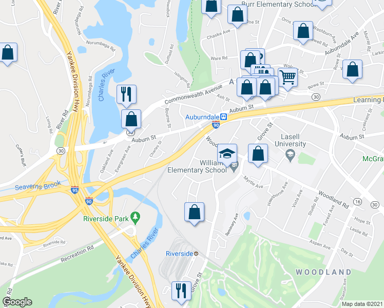 map of restaurants, bars, coffee shops, grocery stores, and more near 305 Central Street in Newton