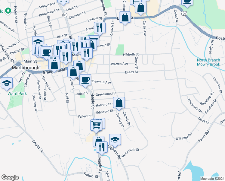 map of restaurants, bars, coffee shops, grocery stores, and more near 224 Church Street in Marlborough