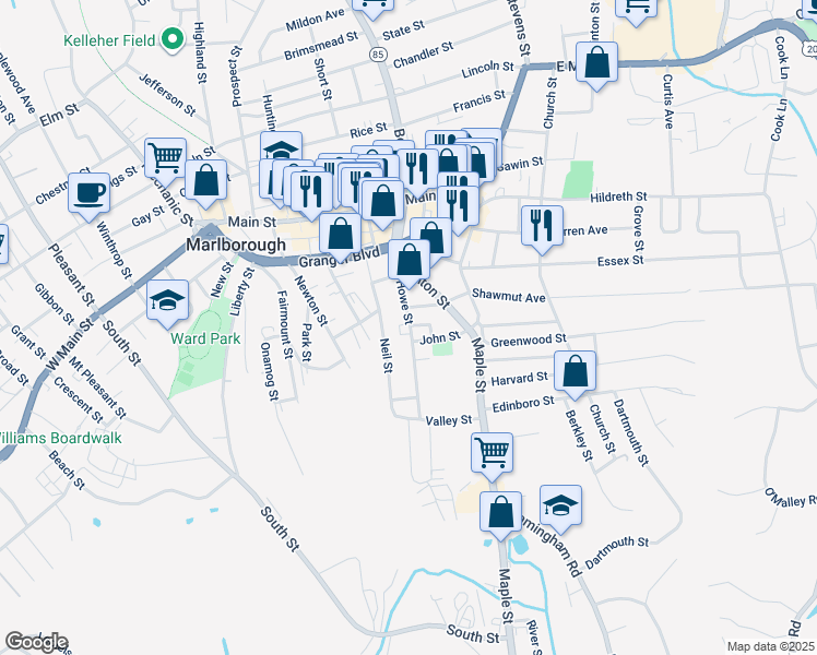 map of restaurants, bars, coffee shops, grocery stores, and more near 99 Howe Street in Marlborough