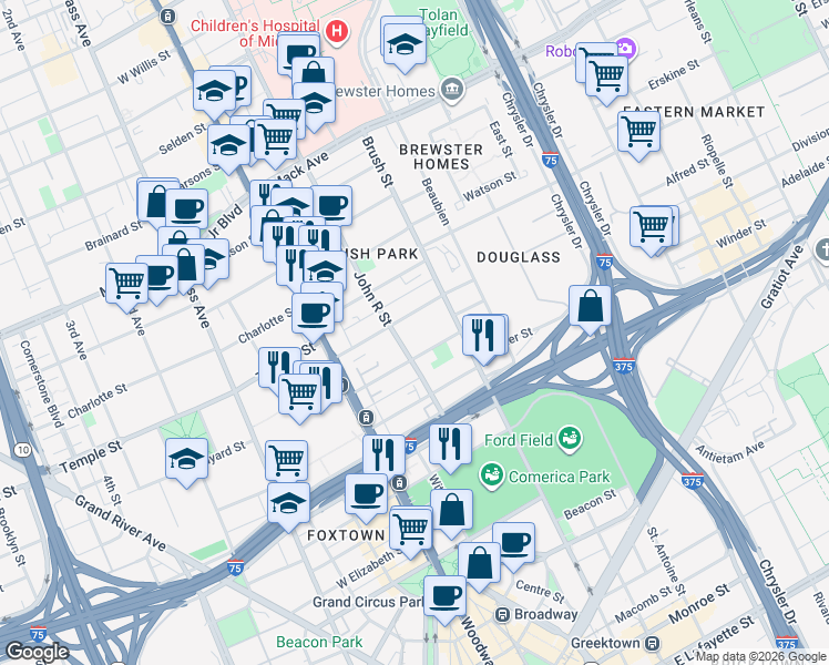 map of restaurants, bars, coffee shops, grocery stores, and more near 2750 John R Street in Detroit
