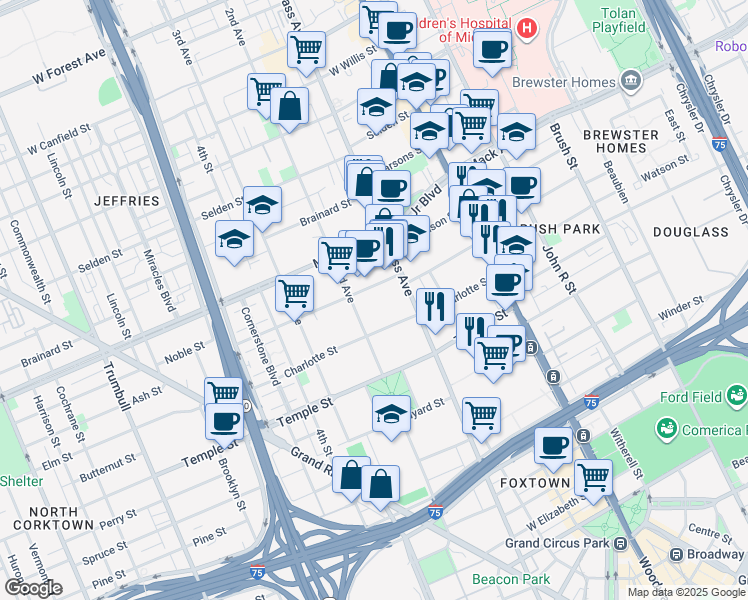 map of restaurants, bars, coffee shops, grocery stores, and more near 475 Peterboro Street in Detroit