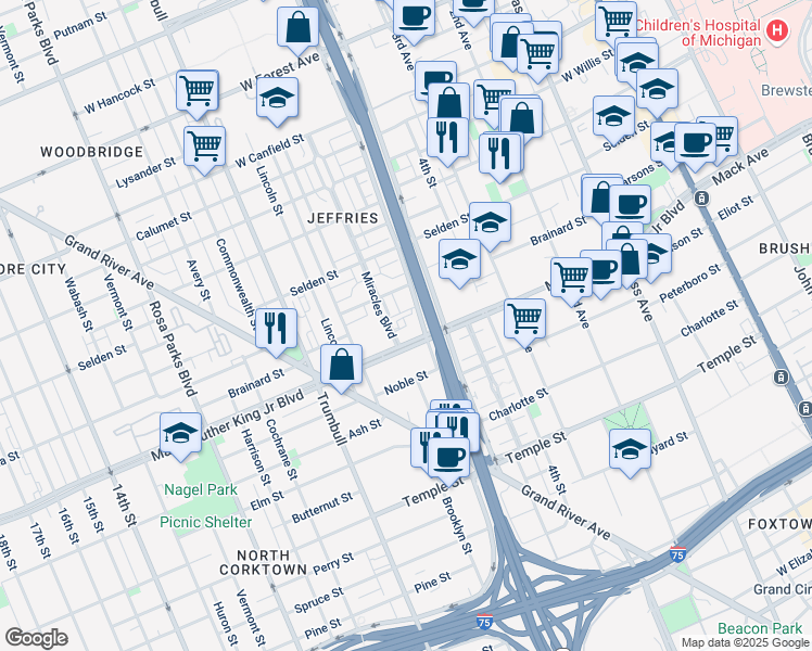 map of restaurants, bars, coffee shops, grocery stores, and more near 3535 Miracles Boulevard in Detroit