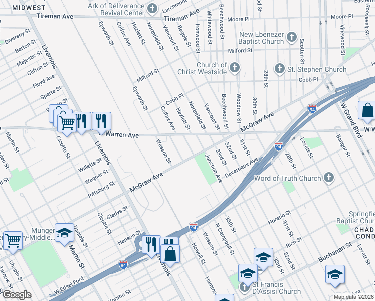 map of restaurants, bars, coffee shops, grocery stores, and more near 5642 North Campbell Street in Detroit